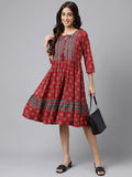 Janasya Women's Maroon Cotton Ethnic Motifs Printed Flared Casual Dress - Distacart