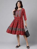 Janasya Women's Maroon Cotton Ethnic Motifs Printed Flared Casual Dress - Distacart