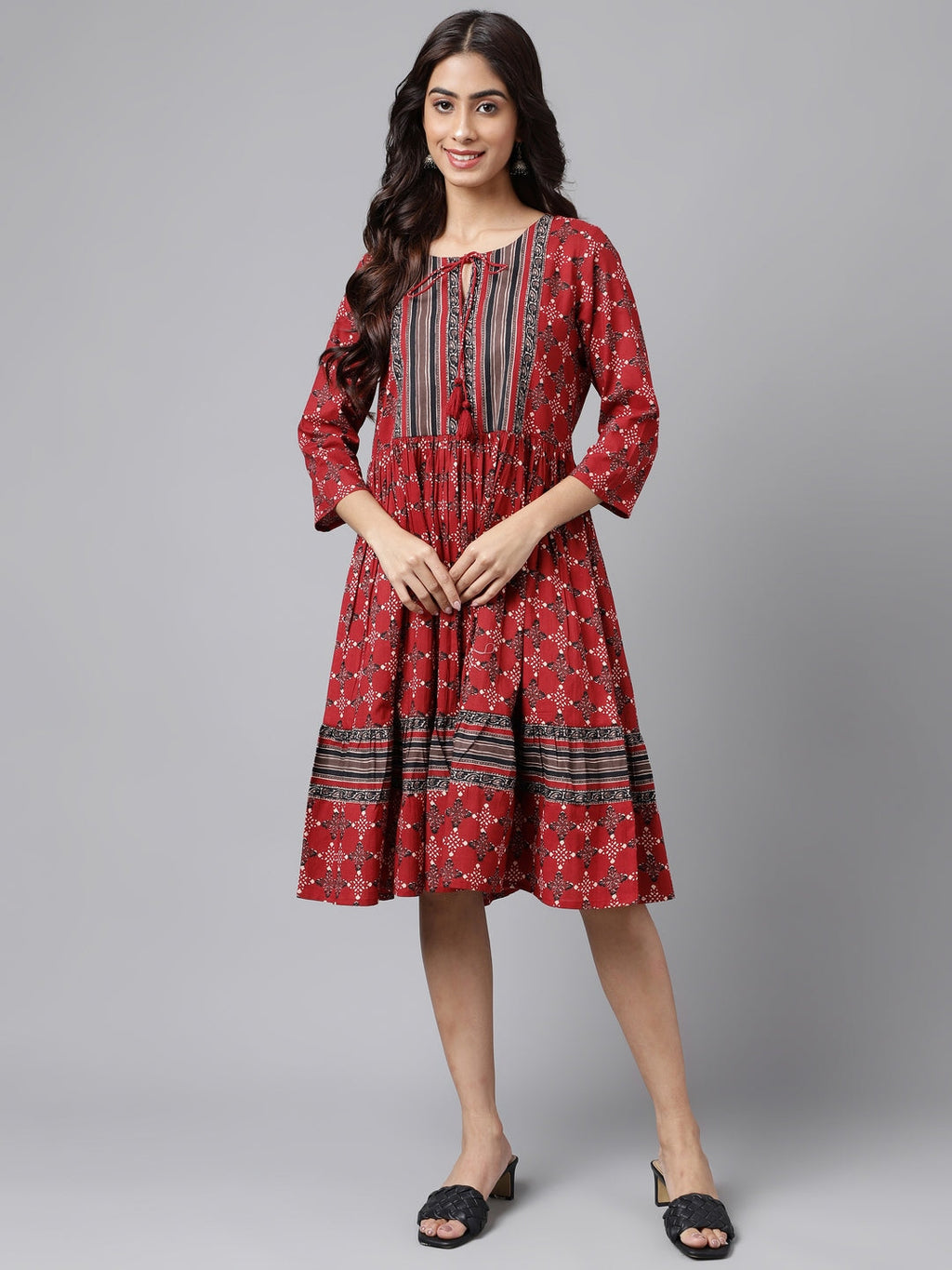 Janasya Women's Maroon Cotton Ethnic Motifs Printed Flared Casual Dress - Distacart