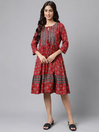 Janasya Women's Maroon Cotton Ethnic Motifs Printed Flared Casual Dress - Distacart
