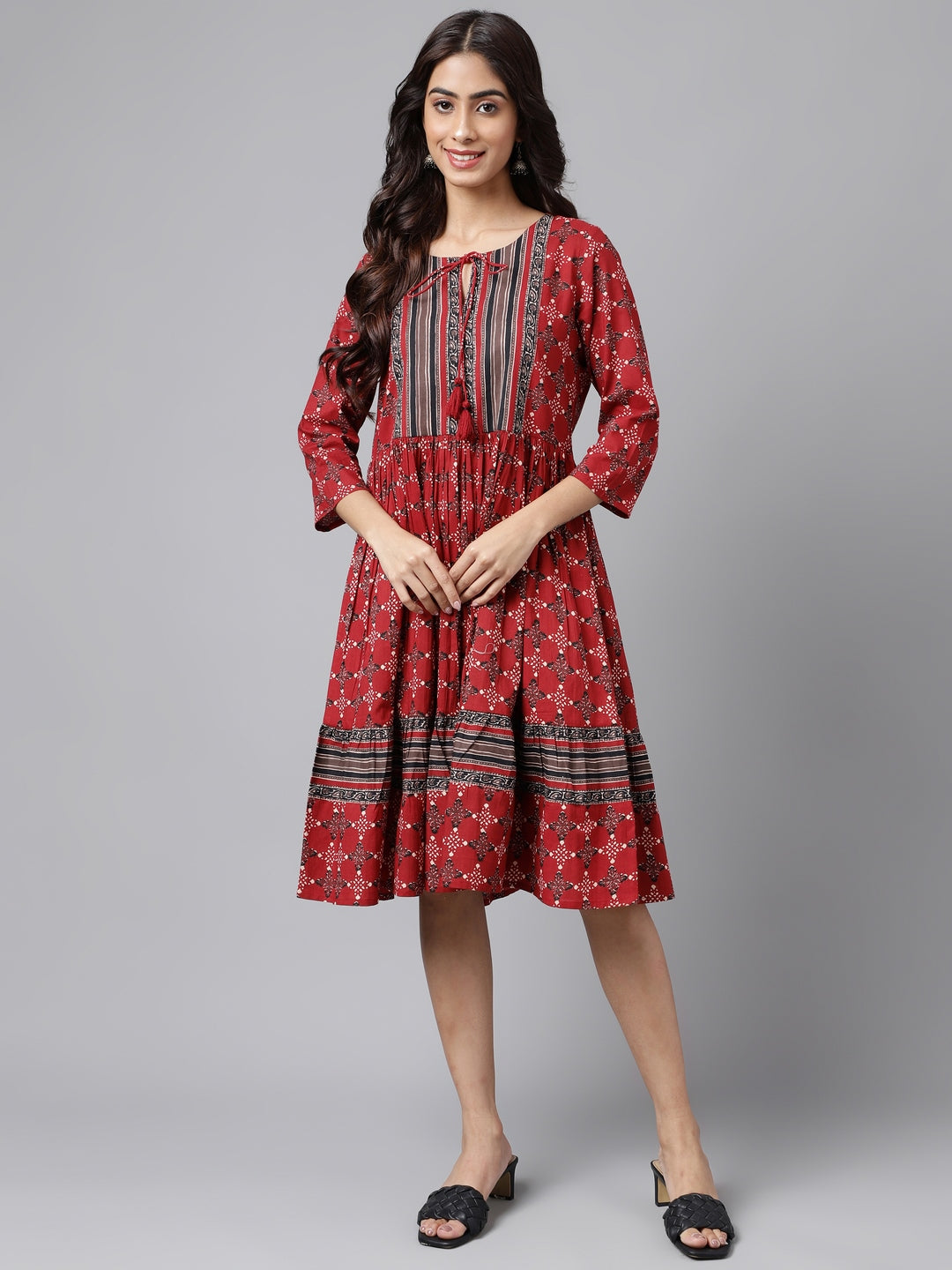 Janasya Women's Maroon Cotton Ethnic Motifs Printed Flared Casual Dress - Distacart
