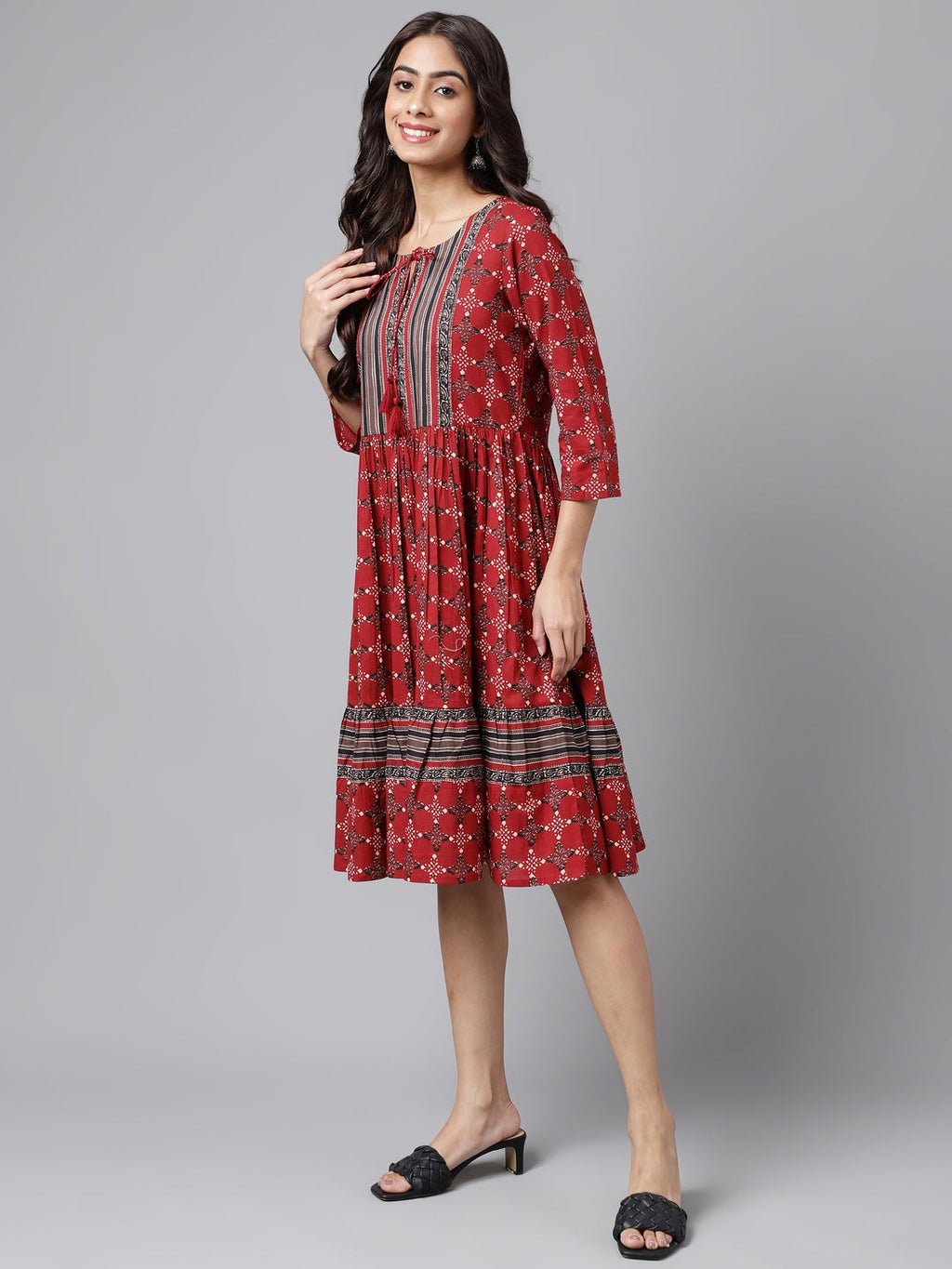 Janasya Women's Maroon Cotton Ethnic Motifs Printed Flared Casual Dress - Distacart