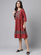 Janasya Women's Maroon Cotton Ethnic Motifs Printed Flared Casual Dress - Distacart
