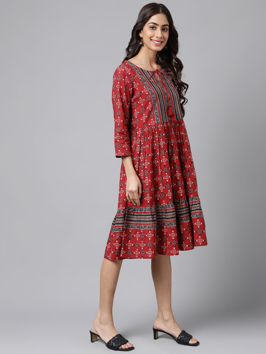 Janasya Women's Maroon Cotton Ethnic Motifs Printed Flared Casual Dress - Distacart