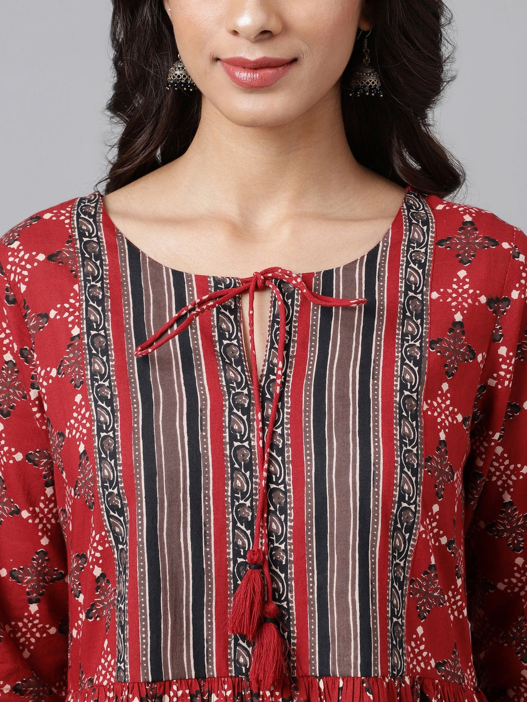Janasya Women's Maroon Cotton Ethnic Motifs Printed Flared Casual Dress - Distacart