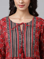 Janasya Women's Maroon Cotton Ethnic Motifs Printed Flared Casual Dress - Distacart