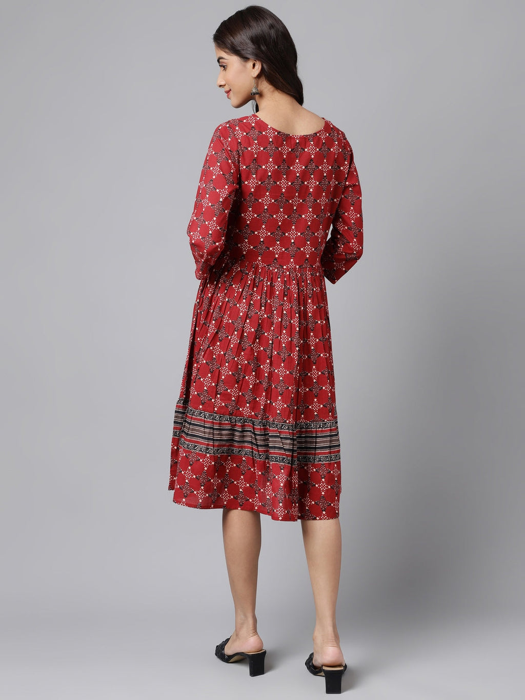 Janasya Women's Maroon Cotton Ethnic Motifs Printed Flared Casual Dress - Distacart