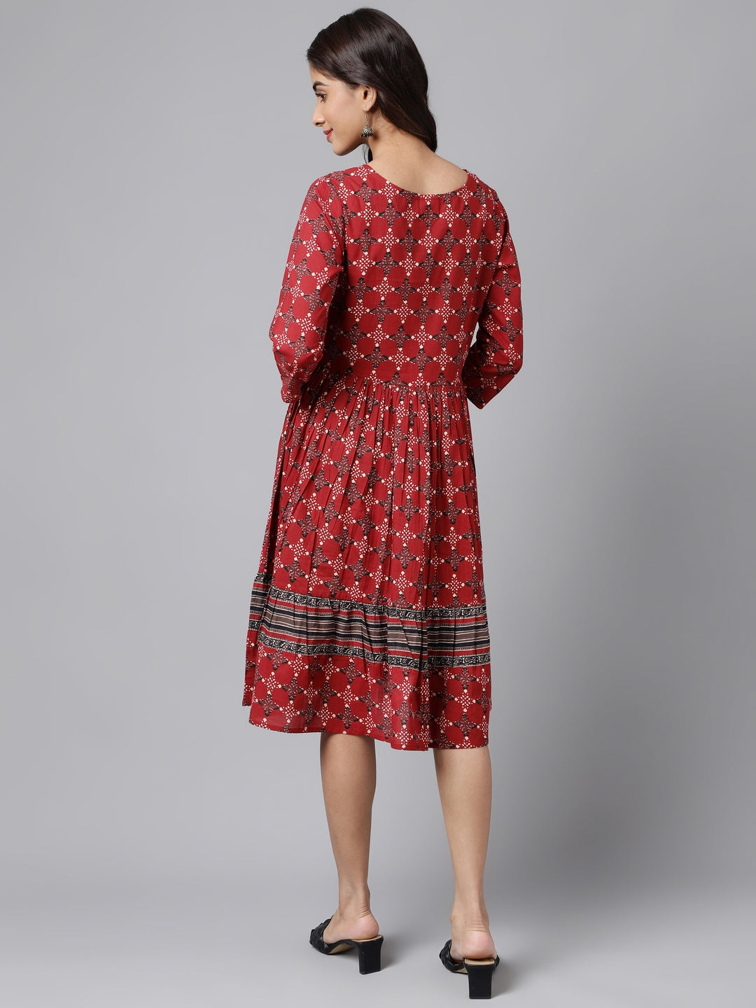 Janasya Women's Maroon Cotton Ethnic Motifs Printed Flared Casual Dress - Distacart