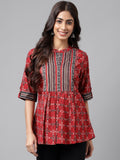 Janasya Women's Maroon Cotton Ethnic Motifs Casual A-Line Top