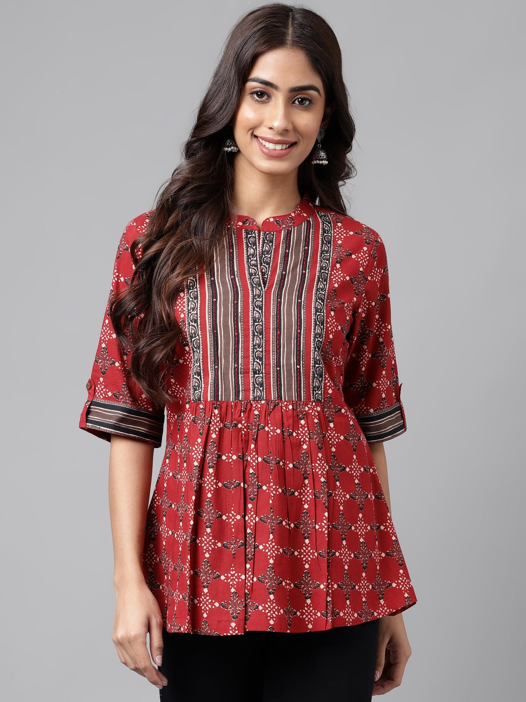 Janasya Women's Maroon Cotton Ethnic Motifs Casual A-Line Top