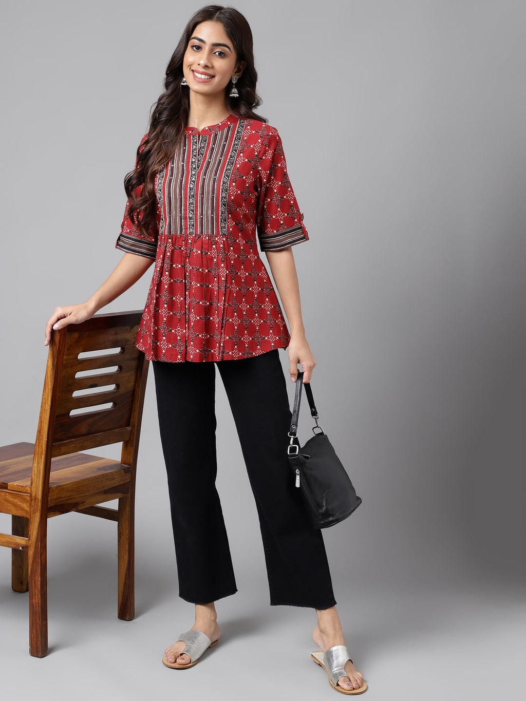 Janasya Women's Maroon Cotton Ethnic Motifs Casual A-Line Top