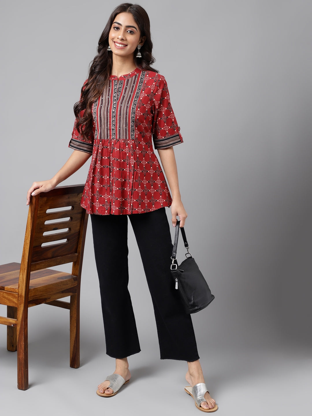 Janasya Women's Maroon Cotton Ethnic Motifs Casual A-Line Top