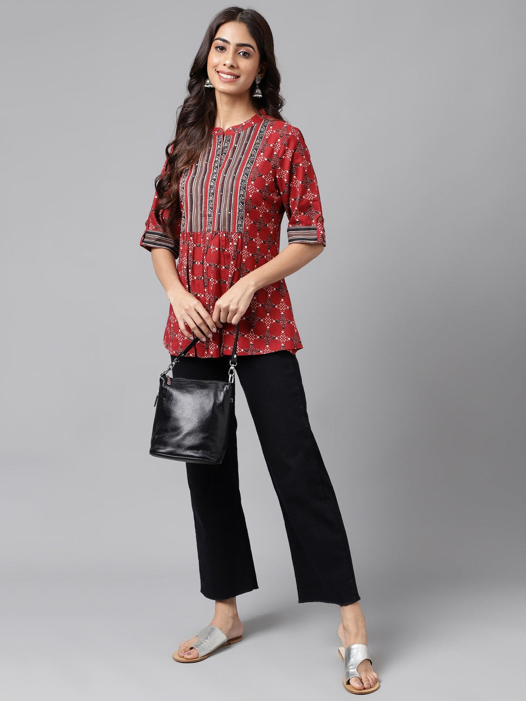 Janasya Women's Maroon Cotton Ethnic Motifs Casual A-Line Top