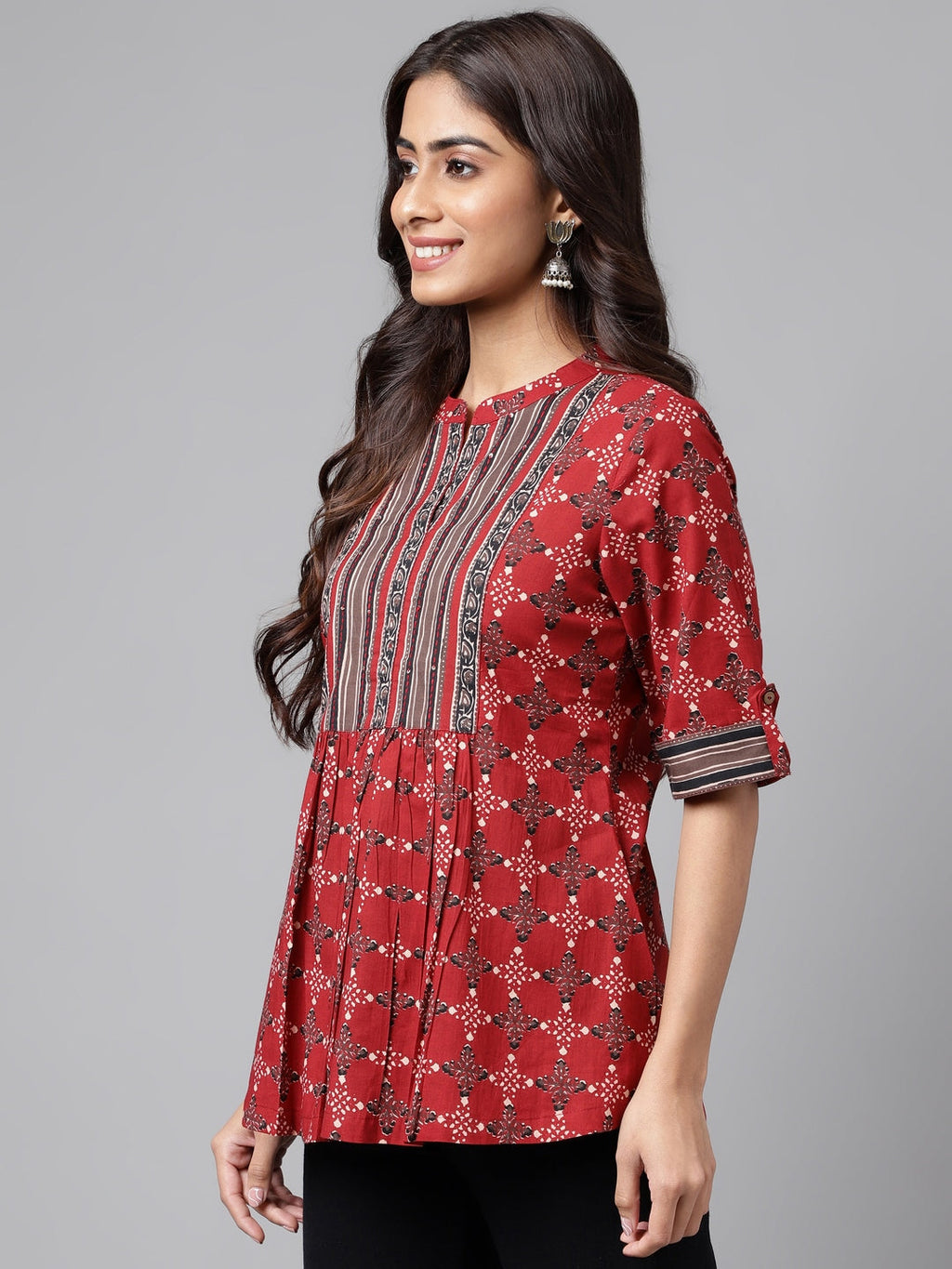 Janasya Women's Maroon Cotton Ethnic Motifs Casual A-Line Top
