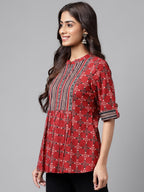 Janasya Women's Maroon Cotton Ethnic Motifs Casual A-Line Top