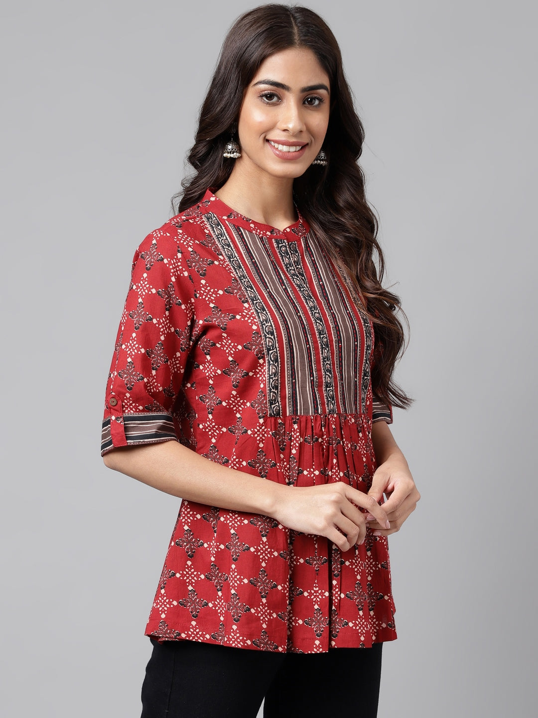 Janasya Women's Maroon Cotton Ethnic Motifs Casual A-Line Top