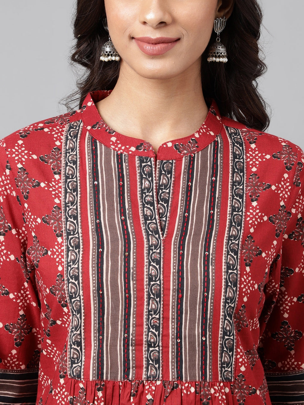Janasya Women's Maroon Cotton Ethnic Motifs Casual A-Line Top