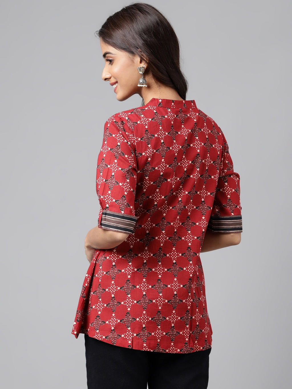 Janasya Women's Maroon Cotton Ethnic Motifs Casual A-Line Top