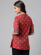 Janasya Women's Maroon Cotton Ethnic Motifs Casual A-Line Top