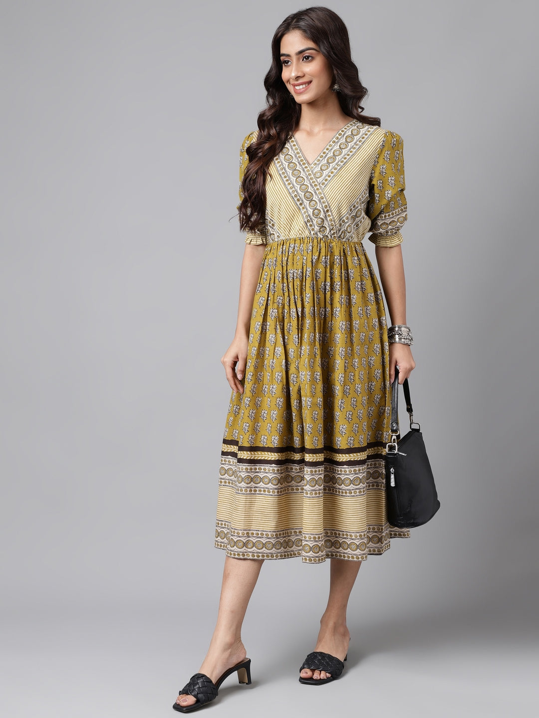 Janasya Women's Olive Green Cotton Floral Printed Gathered Casual Dress - Distacart