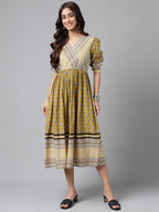 Janasya Women's Olive Green Cotton Floral Printed Gathered Casual Dress - Distacart