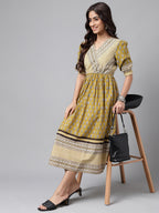 Janasya Women's Olive Green Cotton Floral Printed Gathered Casual Dress - Distacart