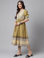Janasya Women's Olive Green Cotton Floral Printed Gathered Casual Dress - Distacart