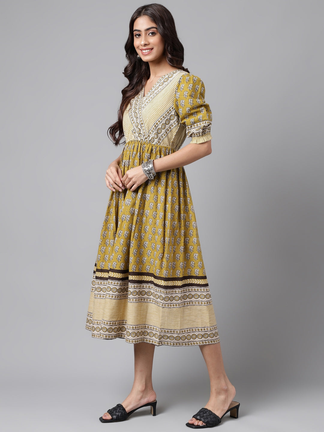 Janasya Women's Olive Green Cotton Floral Printed Gathered Casual Dress - Distacart