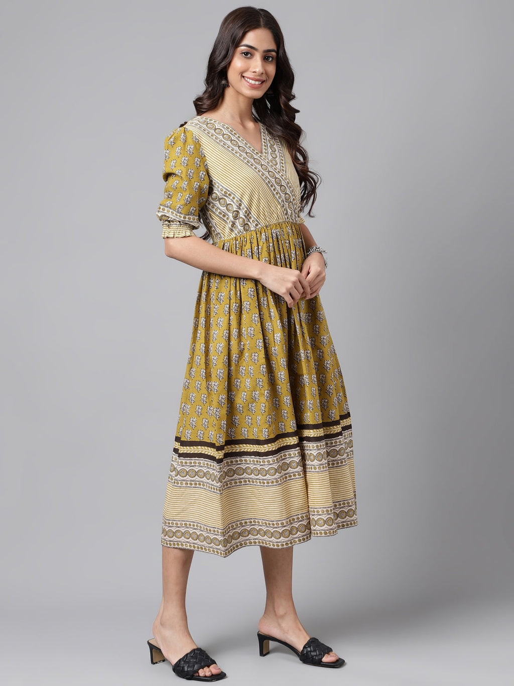 Janasya Women's Olive Green Cotton Floral Printed Gathered Casual Dress - Distacart