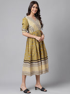 Janasya Women's Olive Green Cotton Floral Printed Gathered Casual Dress - Distacart