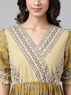 Janasya Women's Olive Green Cotton Floral Printed Gathered Casual Dress - Distacart