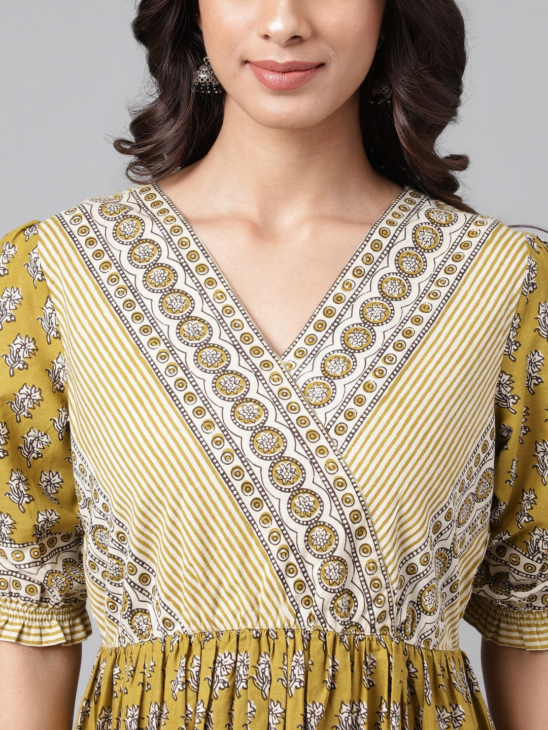 Janasya Women's Olive Green Cotton Floral Printed Gathered Casual Dress - Distacart