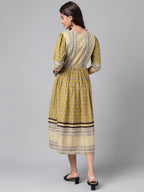 Janasya Women's Olive Green Cotton Floral Printed Gathered Casual Dress - Distacart