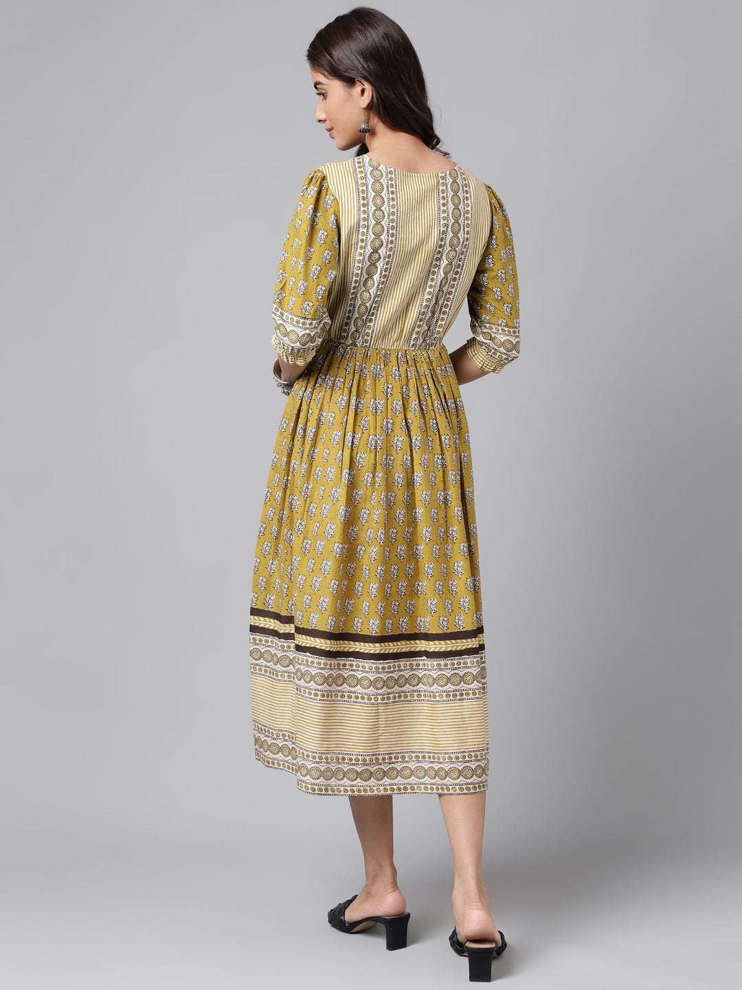 Janasya Women's Olive Green Cotton Floral Printed Gathered Casual Dress - Distacart