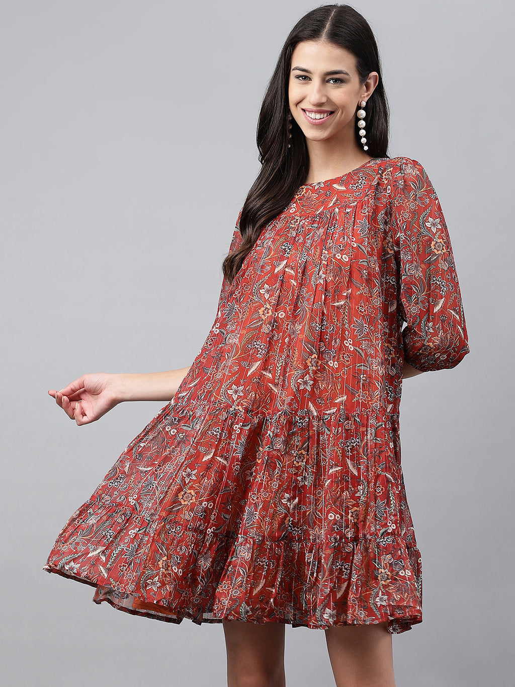 Janasya Women's Rust Chiffon Lurex Floral Printed Tiered Casual Dress - Distacart