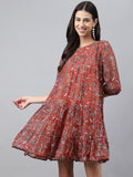 Janasya Women's Rust Chiffon Lurex Floral Printed Tiered Casual Dress - Distacart