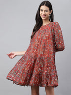 Janasya Women's Rust Chiffon Lurex Floral Printed Tiered Casual Dress - Distacart