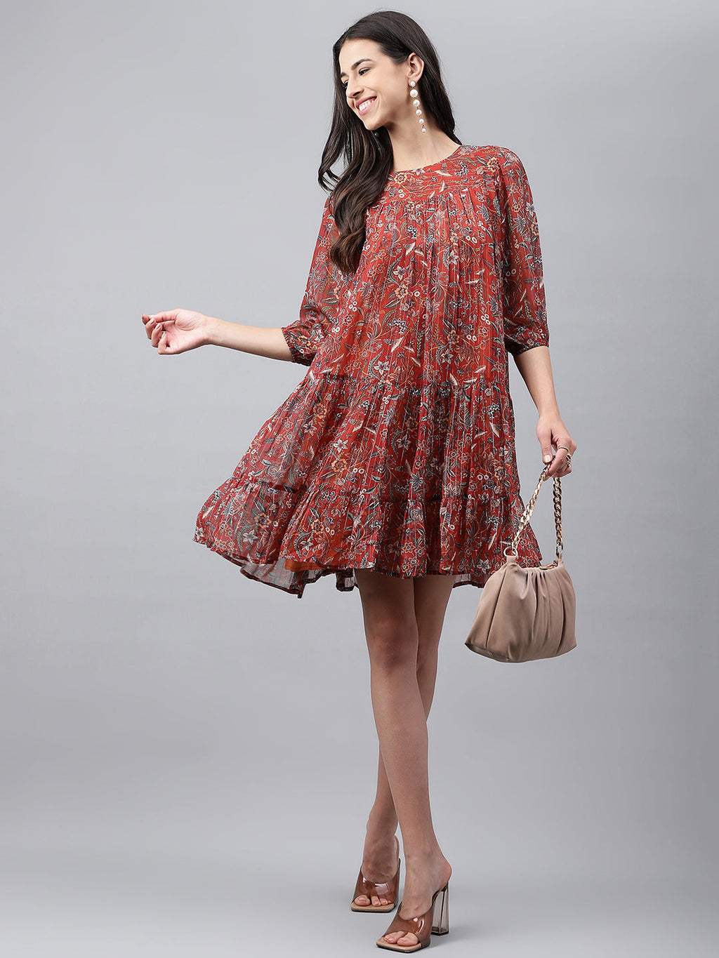 Janasya Women's Rust Chiffon Lurex Floral Printed Tiered Casual Dress - Distacart