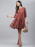 Janasya Women's Rust Chiffon Lurex Floral Printed Tiered Casual Dress - Distacart
