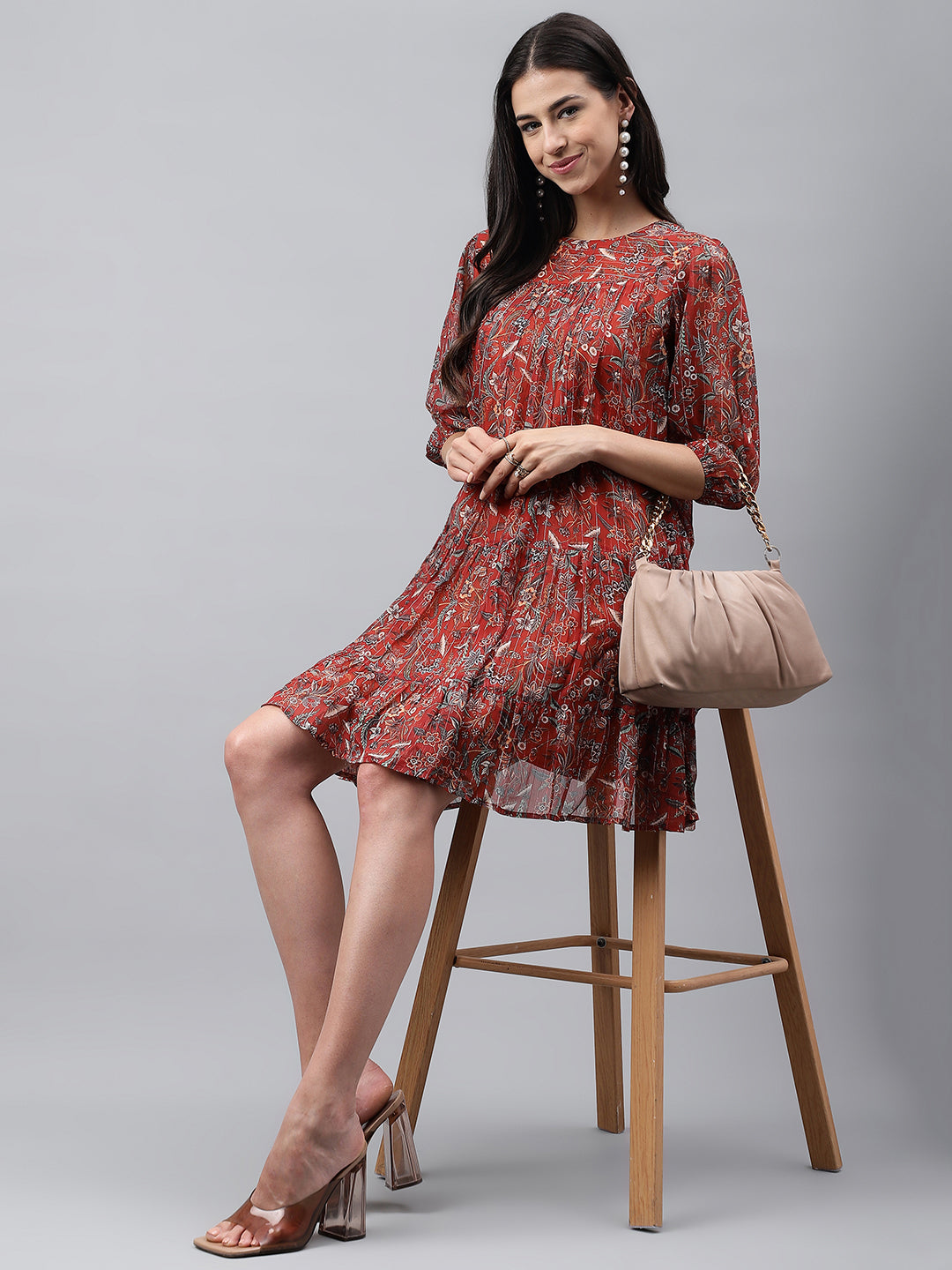 Janasya Women's Rust Chiffon Lurex Floral Printed Tiered Casual Dress - Distacart