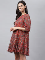 Janasya Women's Rust Chiffon Lurex Floral Printed Tiered Casual Dress - Distacart