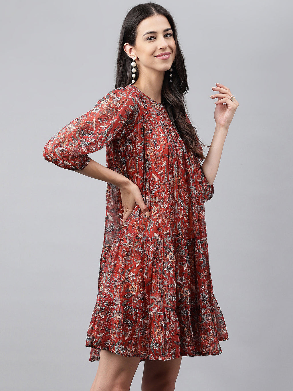 Janasya Women's Rust Chiffon Lurex Floral Printed Tiered Casual Dress - Distacart