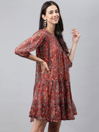 Janasya Women's Rust Chiffon Lurex Floral Printed Tiered Casual Dress - Distacart