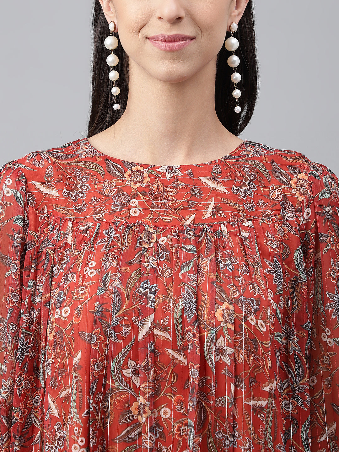Janasya Women's Rust Chiffon Lurex Floral Printed Tiered Casual Dress - Distacart