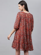 Janasya Women's Rust Chiffon Lurex Floral Printed Tiered Casual Dress - Distacart