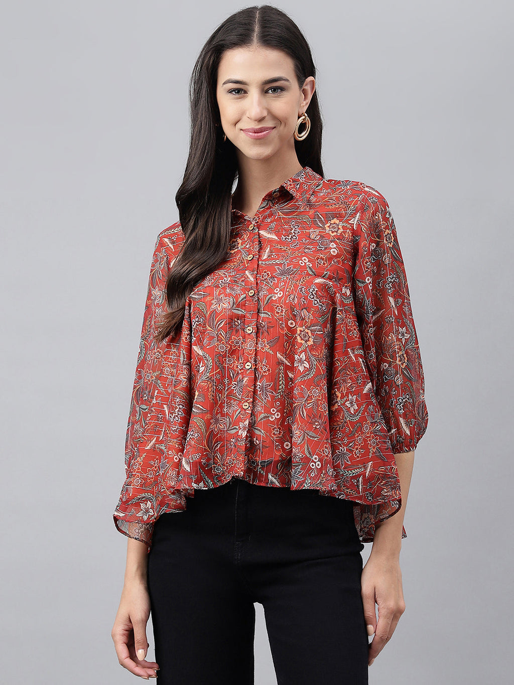 Janasya Women's Rust Chiffon Lurex Digital Printed Casual Flared Top