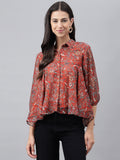 Janasya Women's Rust Chiffon Lurex Digital Printed Casual Flared Top