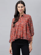 Janasya Women's Rust Chiffon Lurex Digital Printed Casual Flared Top