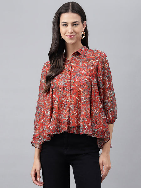 Janasya Women's Rust Chiffon Lurex Digital Printed Casual Flared Top