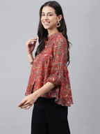 Janasya Women's Rust Chiffon Lurex Digital Printed Casual Flared Top